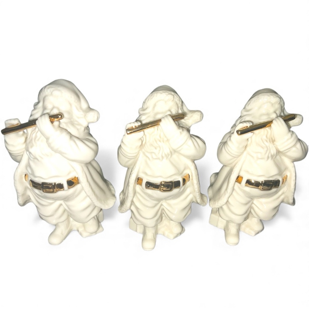 LENOX White & Gold Santa w/gold flute 4.5” Porcelain Christmas Figurines 3ct